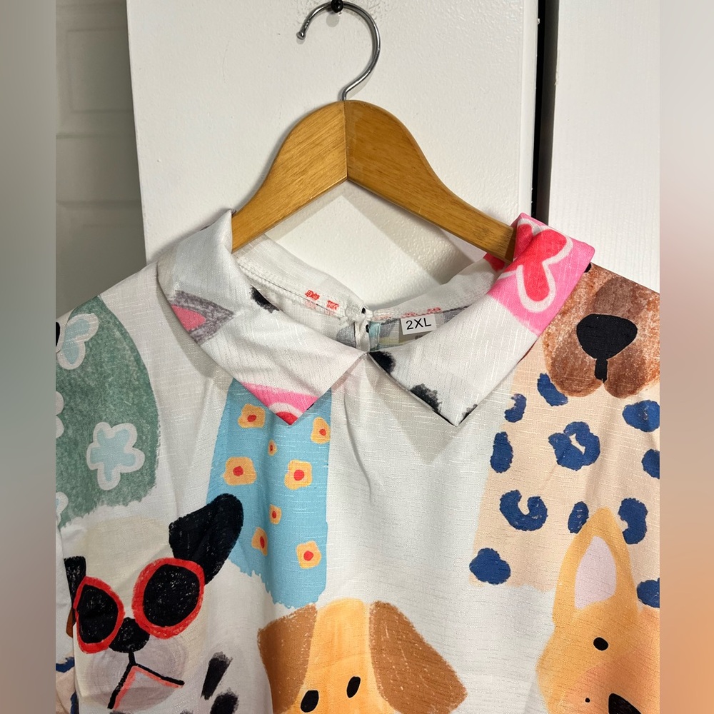 Whimsical Dog Print Short Sleeve Blouse - White Multicolor - Picture 5 of 10